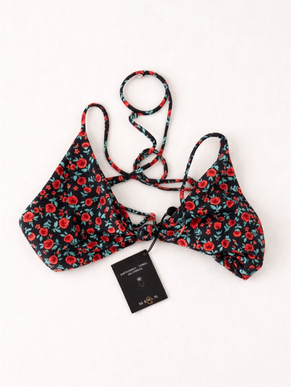 Skatie Black Bikini Top with Red Floral Print